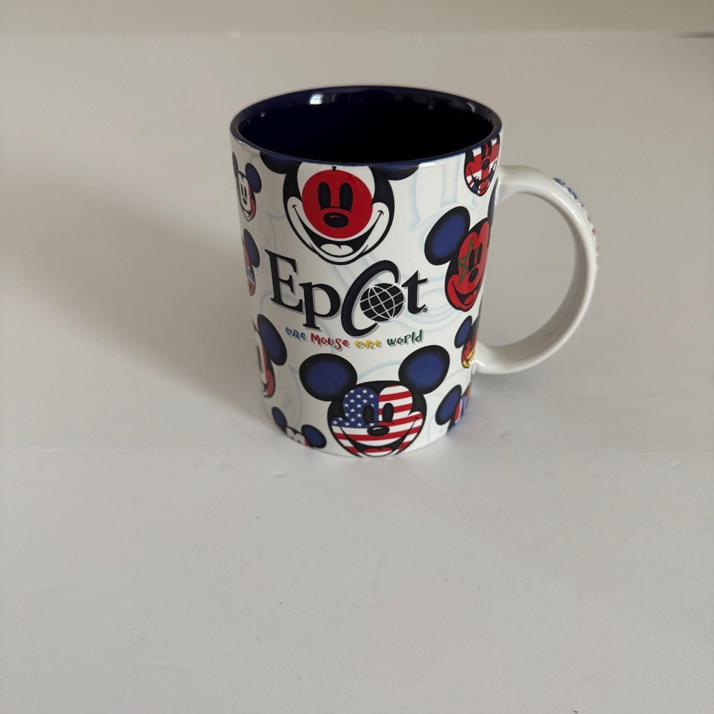 Disney Epcot “One Mouse One World” Mickey Flags Ceramic Mug Blue Interior